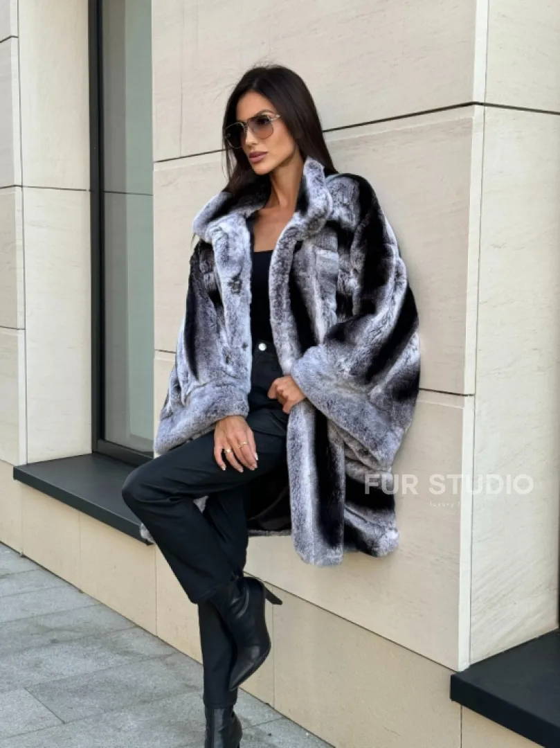 Шуба из кролика рекс стойка воротник - цвет шиншилла