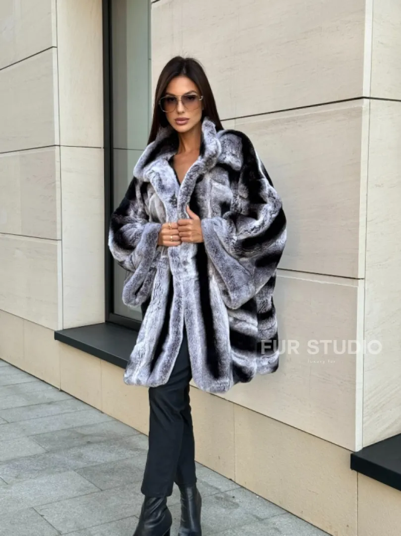 Шуба из кролика рекс стойка воротник - цвет шиншилла