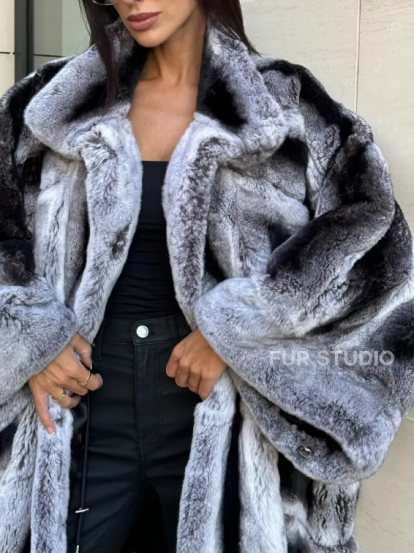 Шуба из кролика рекс стойка воротник - цвет шиншилла