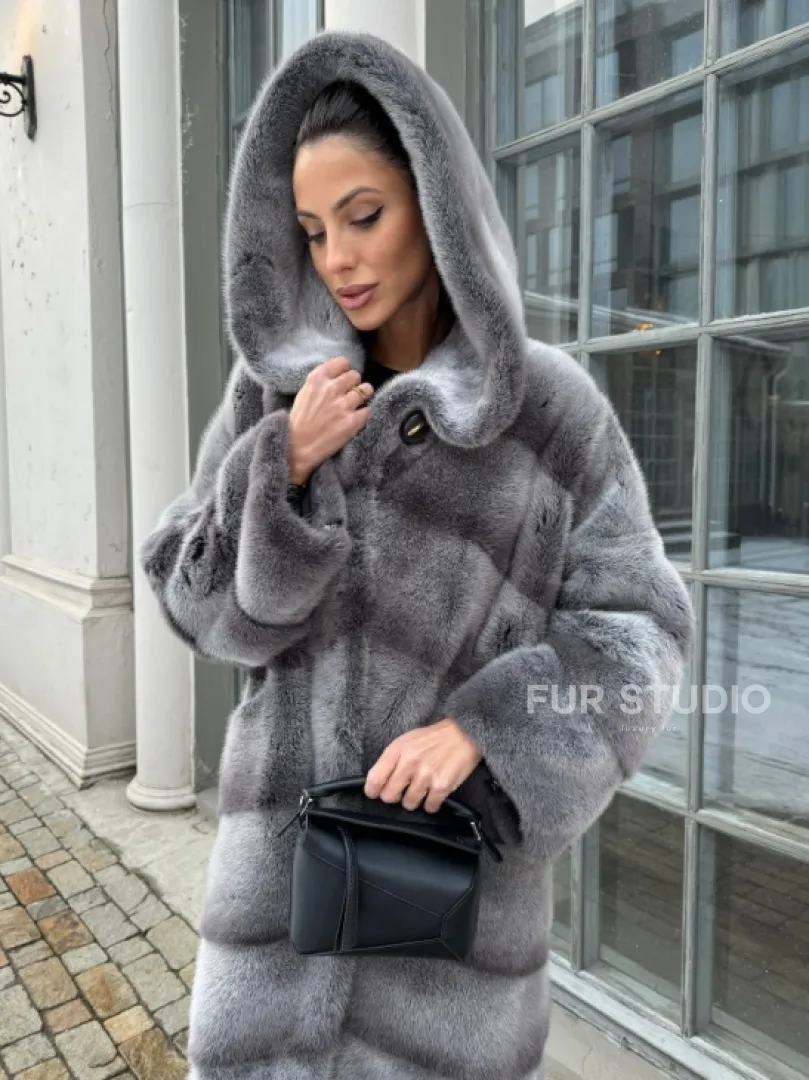 Шуба норковая с капюшоном, паркет - цвет графит-хамелеон