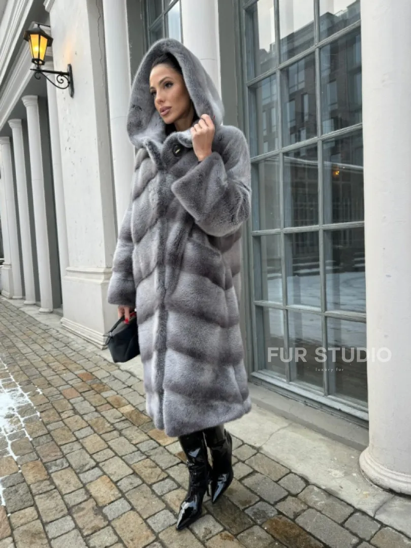 Шуба норковая с капюшоном, паркет - цвет графит-хамелеон