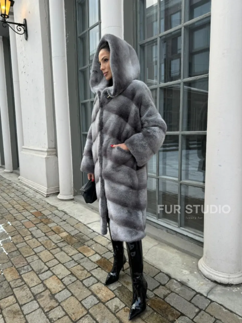 Шуба норковая с капюшоном, паркет - цвет графит-хамелеон