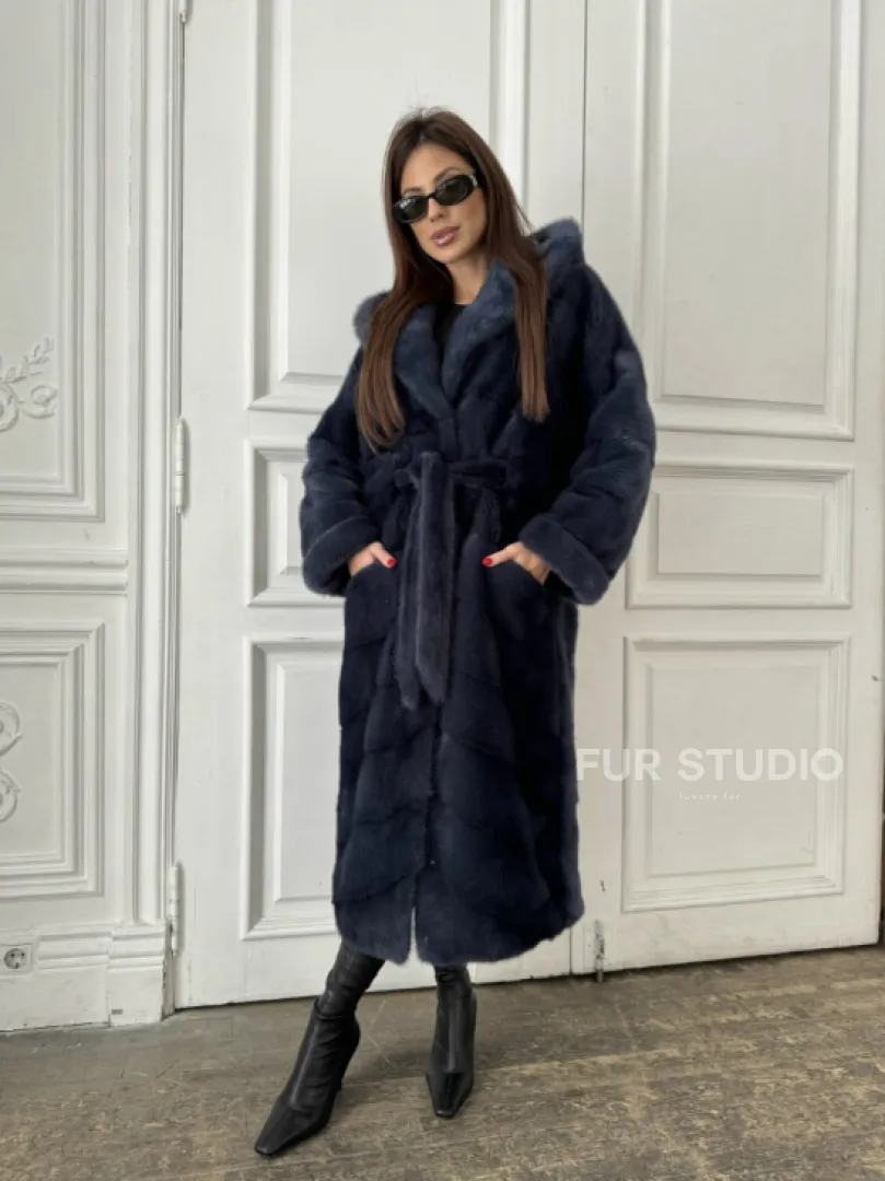 Норковая шуба с капюшоном под пояс - цвет темно-синий