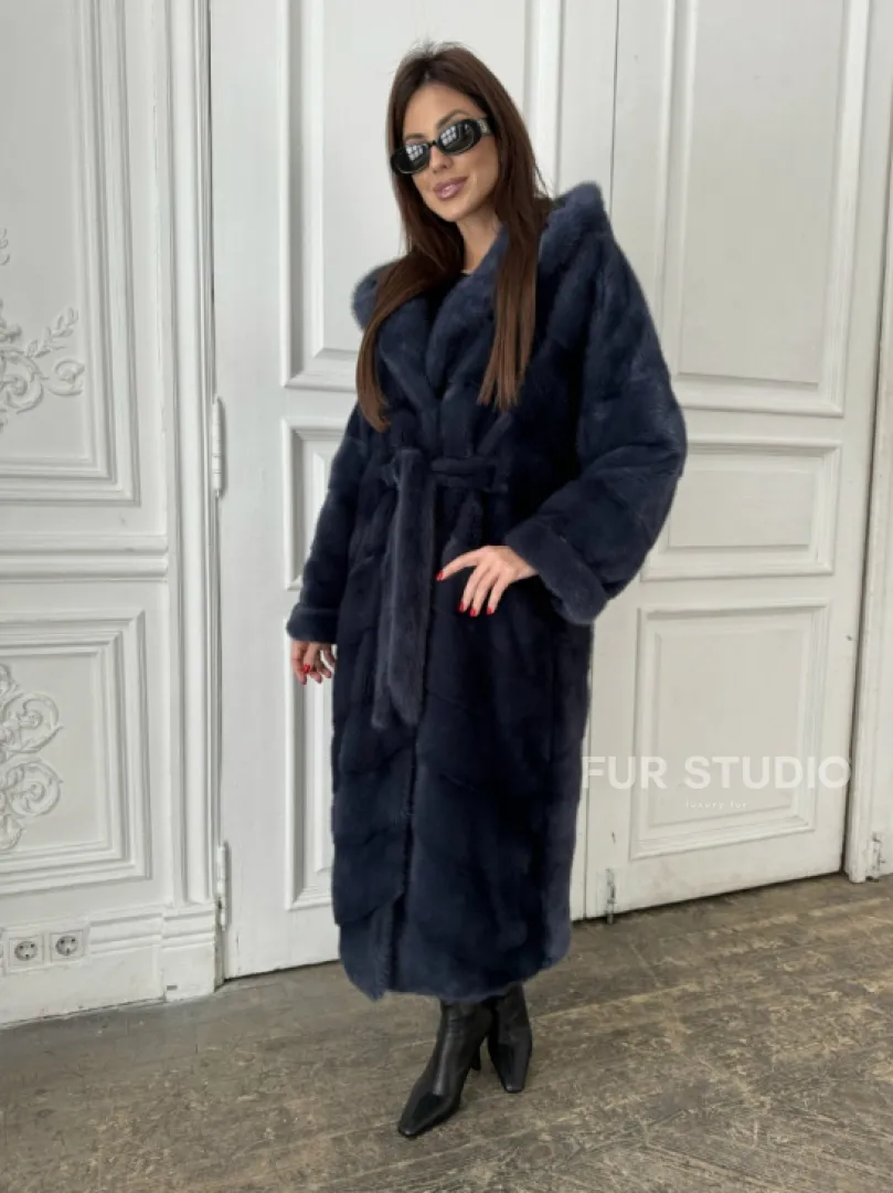 Норковая шуба с капюшоном под пояс - цвет темно-синий