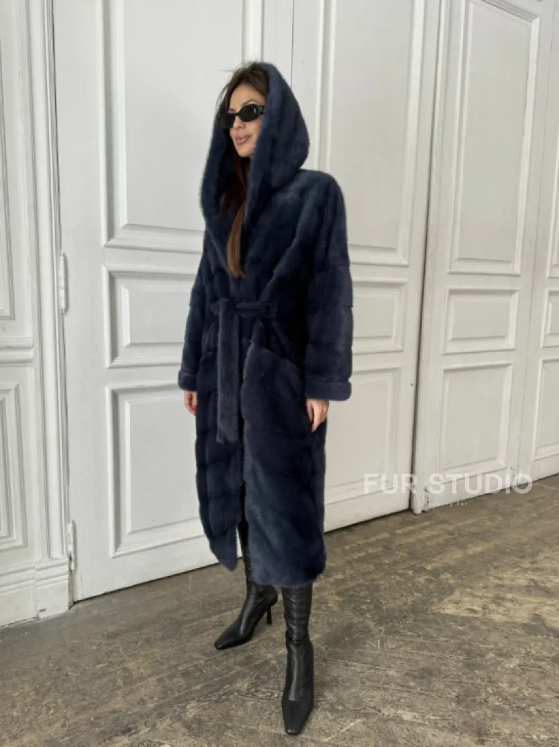 Норковая шуба с капюшоном под пояс - цвет темно-синий