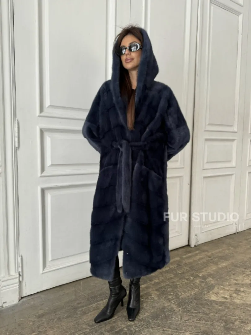 Норковая шуба с капюшоном под пояс - цвет темно-синий