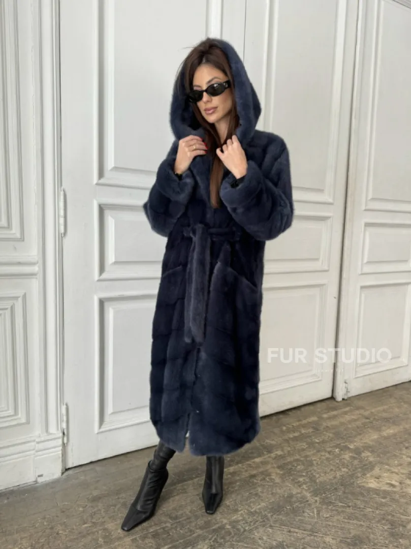 Норковая шуба с капюшоном под пояс - цвет темно-синий