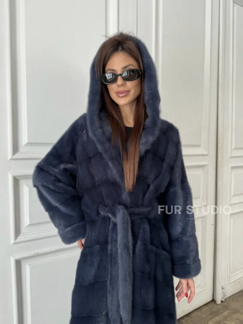 Норковая шуба с капюшоном под пояс - цвет темно-синий