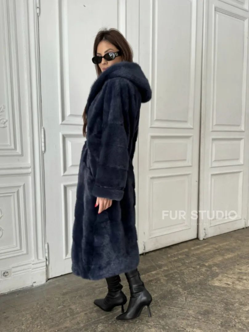 Норковая шуба с капюшоном под пояс - цвет темно-синий