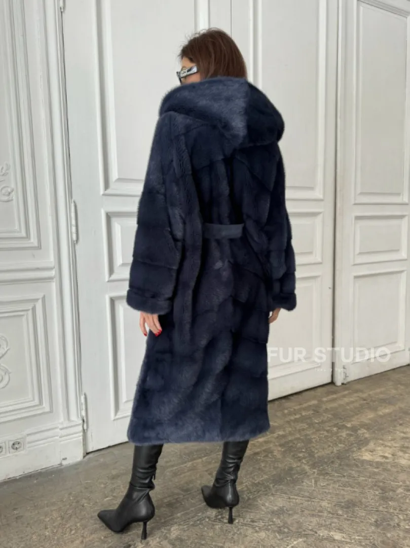 Норковая шуба с капюшоном под пояс - цвет темно-синий