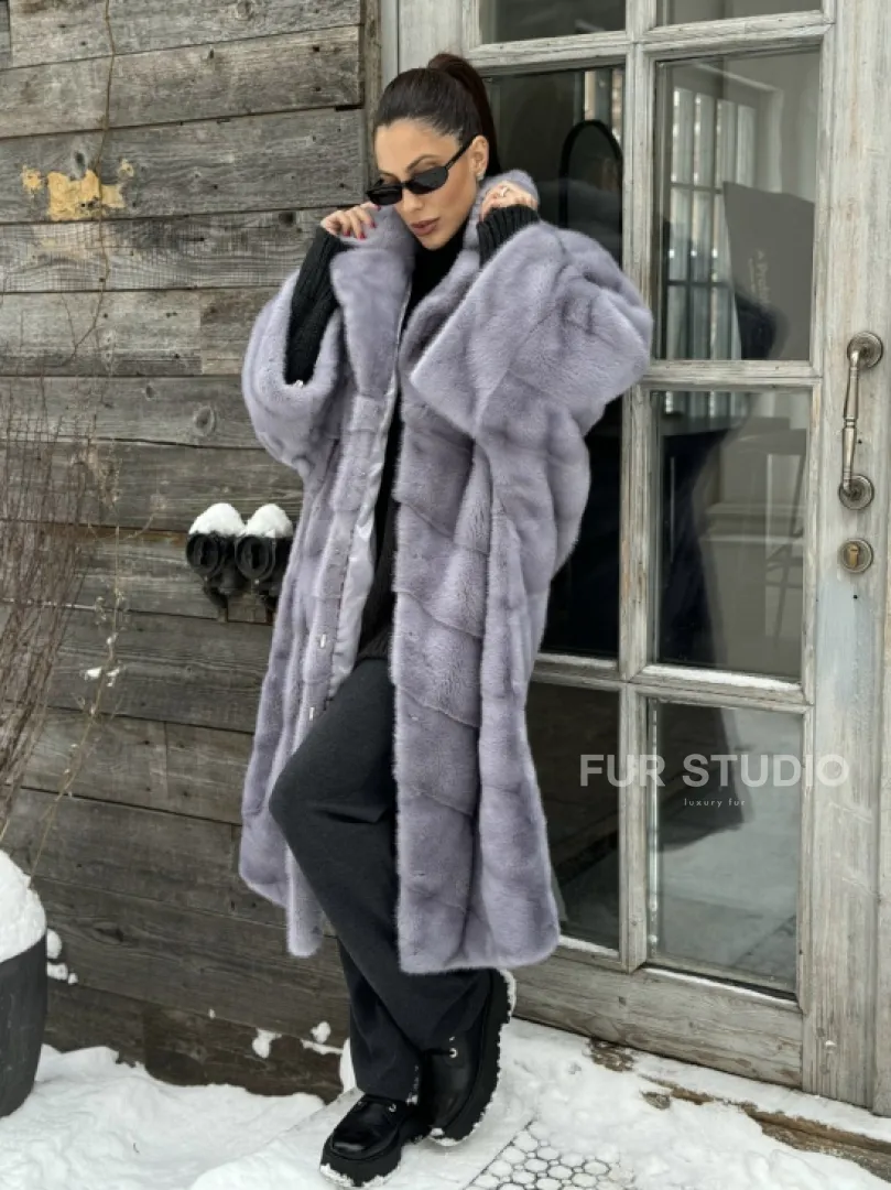 Шуба норковая в стиле Oversize - цвет серый сапфир