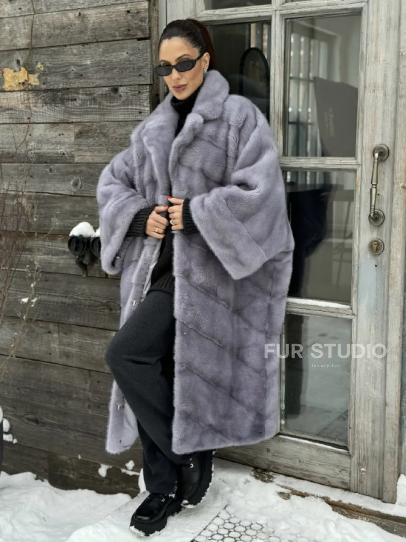 Шуба норковая в стиле Oversize - цвет серый сапфир