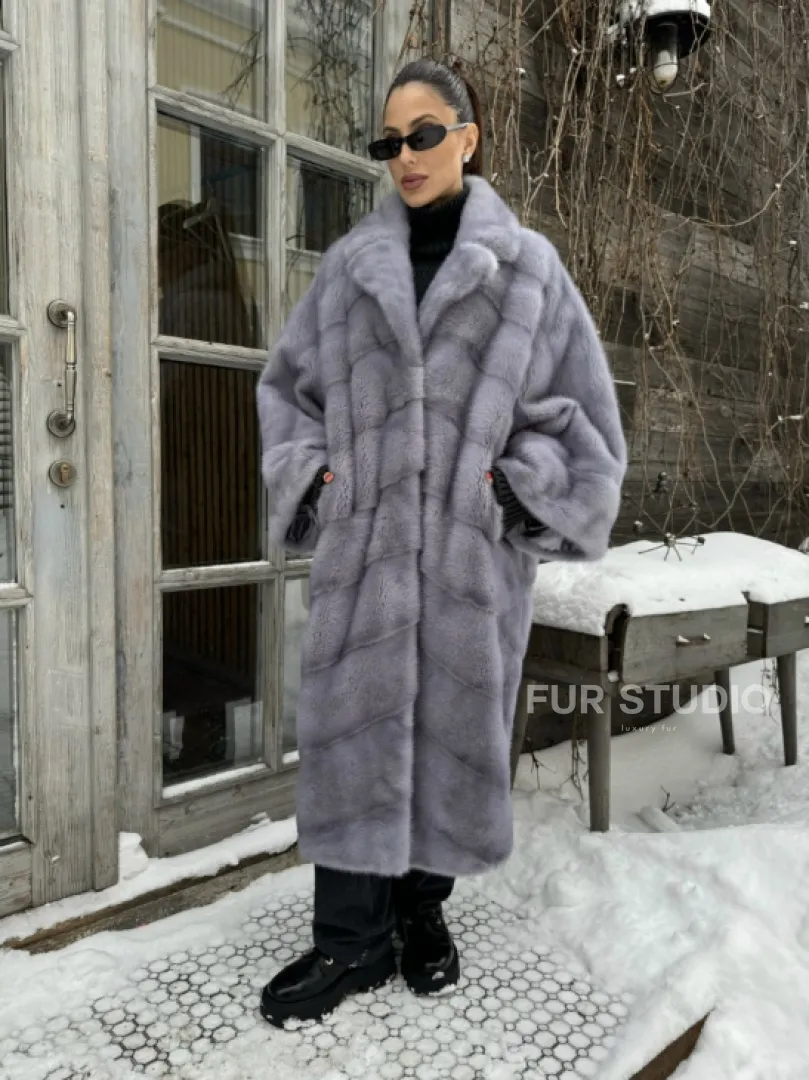 Шуба норковая в стиле Oversize - цвет серый сапфир