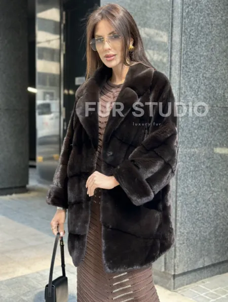 Укороченная норковая шуба в цвете шоколад - фото 0