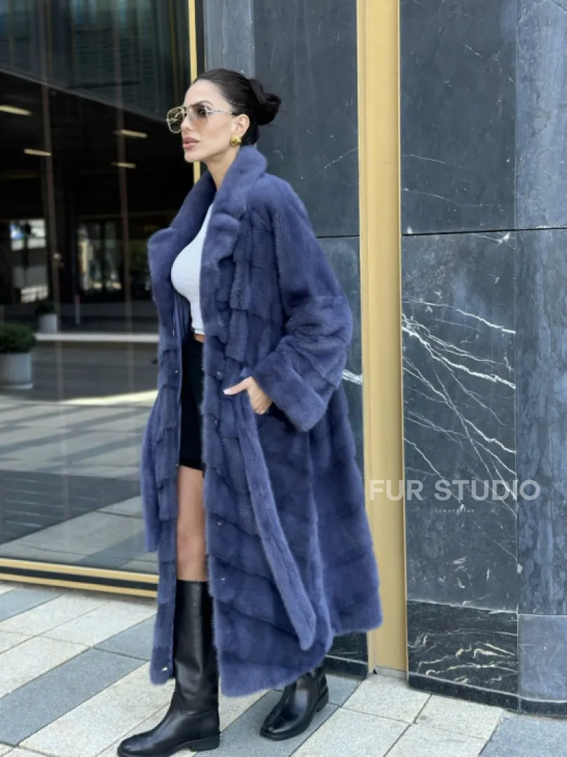 Норковая шуба с английским воротником - цвет джинс