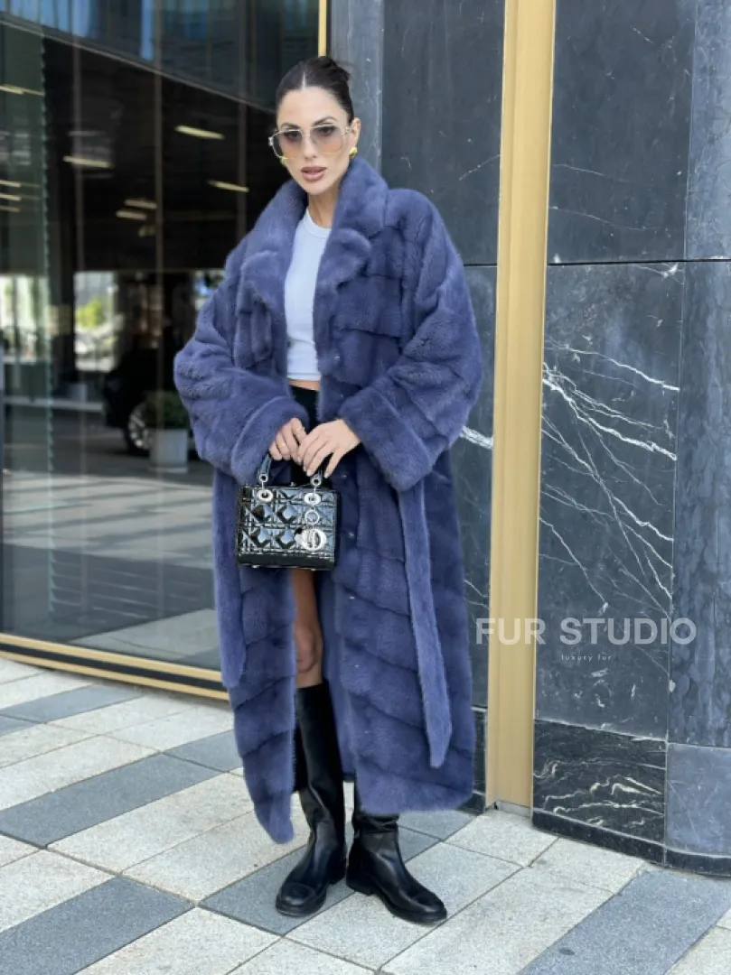 Норковая шуба с английским воротником - цвет джинс