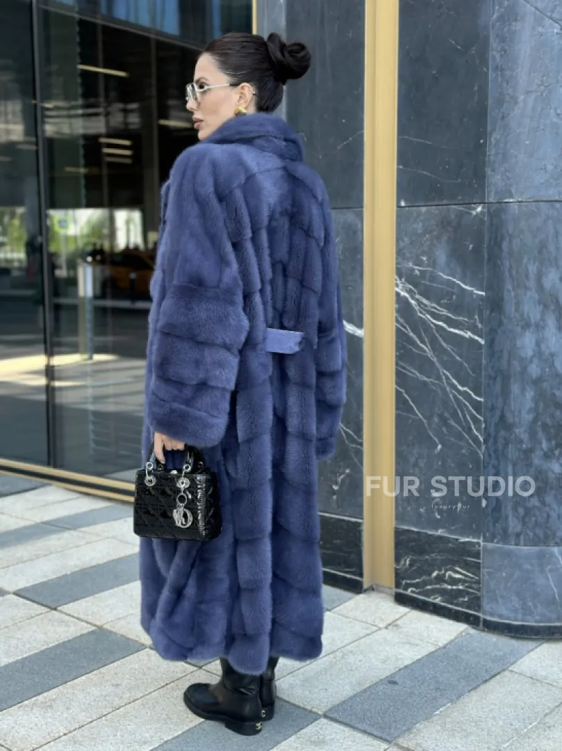 Норковая шуба с английским воротником - цвет джинс