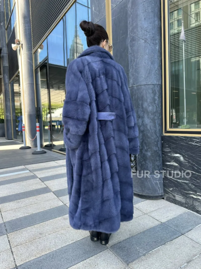 Норковая шуба с английским воротником - цвет джинс