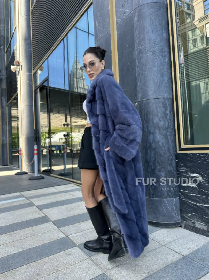 Норковая шуба с английским воротником - цвет джинс