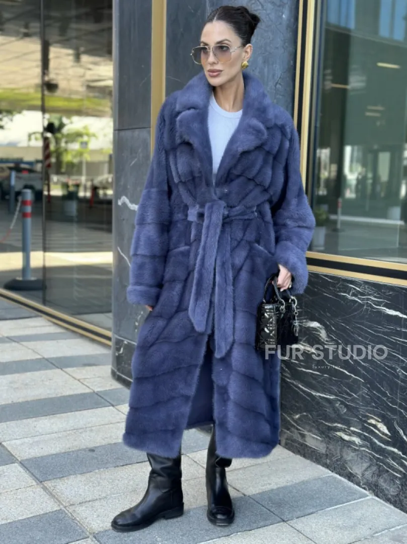 Норковая шуба с английским воротником - цвет джинс