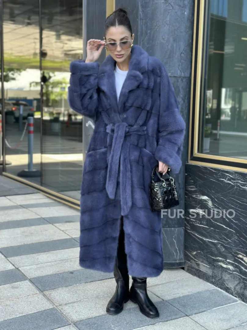 Норковая шуба с английским воротником - цвет джинс