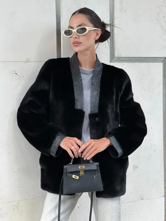 Шуба - жакет из меха норки с отделкой из кожи