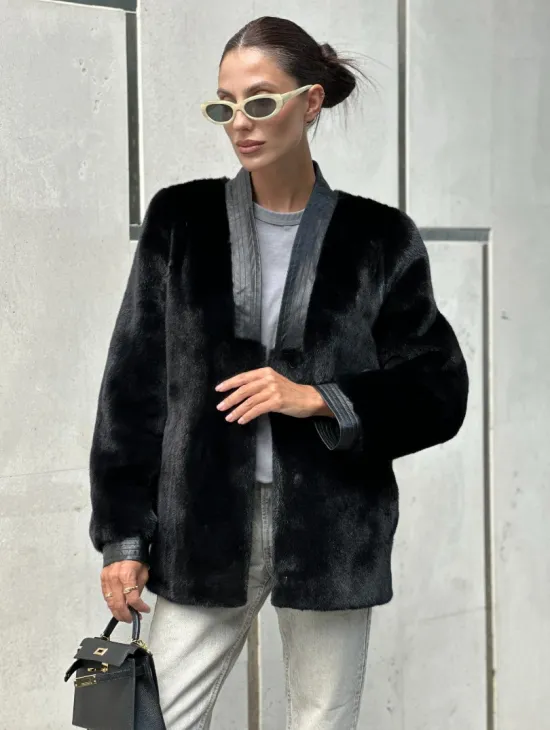 Шуба - жакет из меха норки с отделкой из кожи