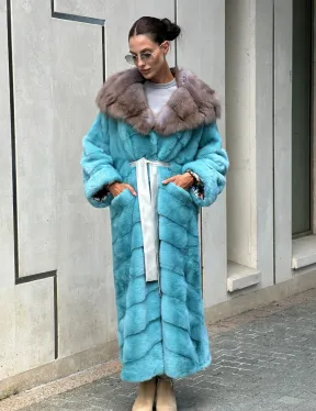 Удлиненная норковая шуба с капюшоном из меха куницы - цвет Тиффани