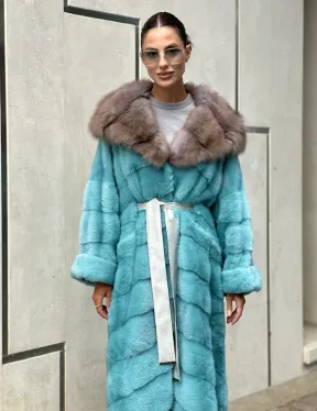 Удлиненная норковая шуба с капюшоном из меха куницы - цвет Тиффани