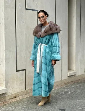 Удлиненная норковая шуба с капюшоном из меха куницы - цвет Тиффани