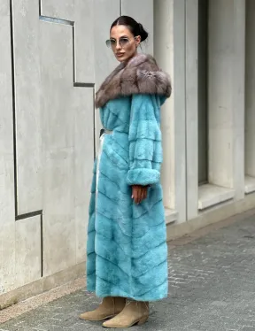 Удлиненная норковая шуба с капюшоном из меха куницы - цвет Тиффани