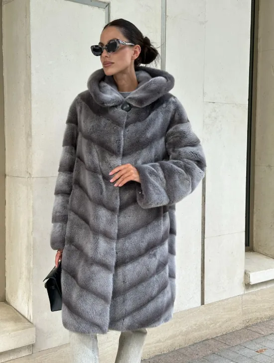 Норковая шуба с капюшоном - цвет PLATINUM (СЕРЫЙ)