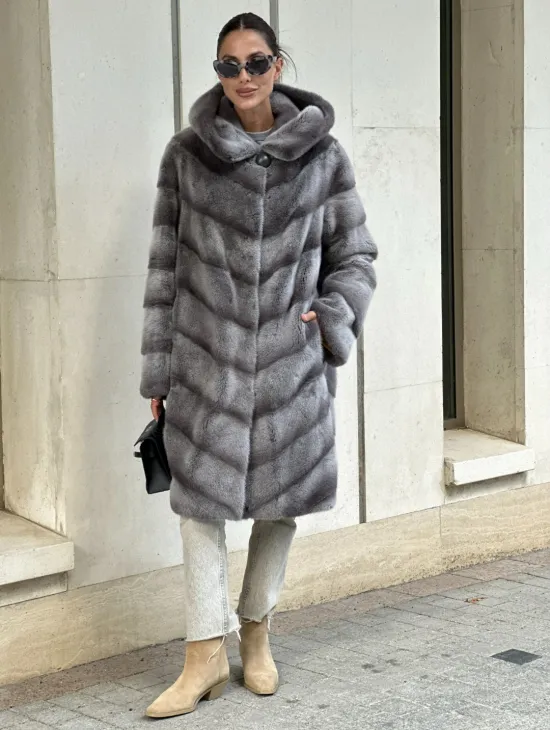 Норковая шуба с капюшоном - цвет PLATINUM (СЕРЫЙ)