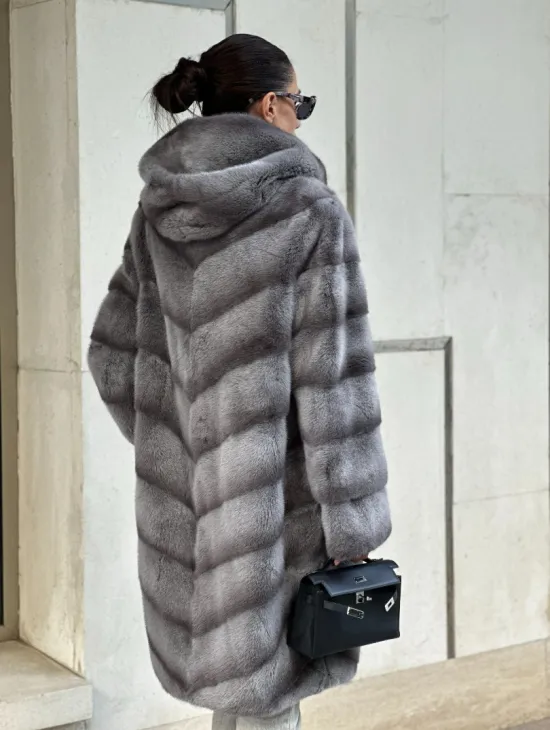 Норковая шуба с капюшоном - цвет PLATINUM (СЕРЫЙ)
