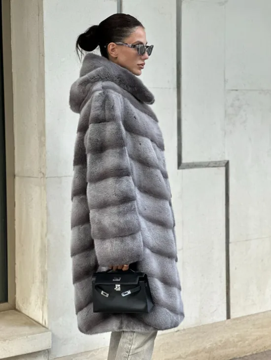 Норковая шуба с капюшоном - цвет PLATINUM (СЕРЫЙ)