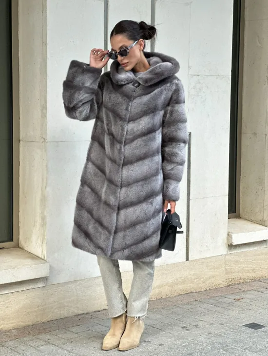 Норковая шуба с капюшоном - цвет PLATINUM (СЕРЫЙ)