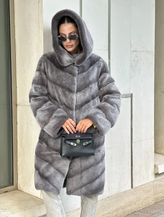 Норковая шуба с капюшоном - цвет PLATINUM (СЕРЫЙ)