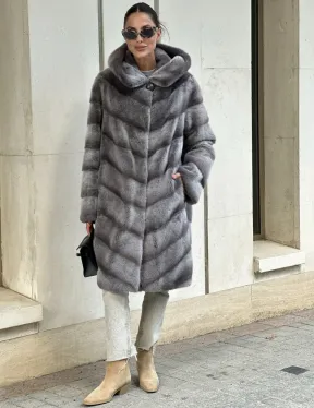 Норковая шуба с капюшоном - цвет PLATINUM (СЕРЫЙ)