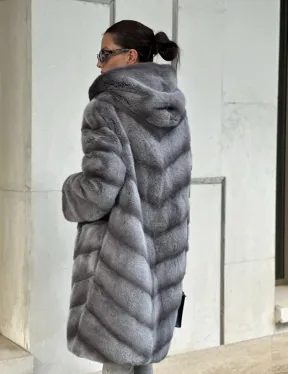 Норковая шуба с капюшоном - цвет PLATINUM (СЕРЫЙ)