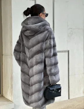 Норковая шуба с капюшоном - цвет PLATINUM (СЕРЫЙ)