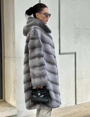 Норковая шуба с капюшоном - цвет PLATINUM (СЕРЫЙ)