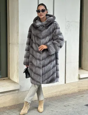 Норковая шуба с капюшоном - цвет PLATINUM (СЕРЫЙ)