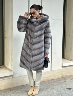 Норковая шуба с капюшоном - цвет PLATINUM (СЕРЫЙ)