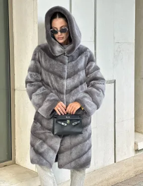 Норковая шуба с капюшоном - цвет PLATINUM (СЕРЫЙ)