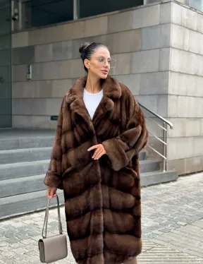 Шуба из меха норки английский воротник - цвет соболь