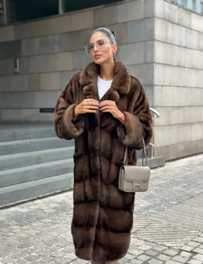 Шуба из меха норки английский воротник - цвет соболь