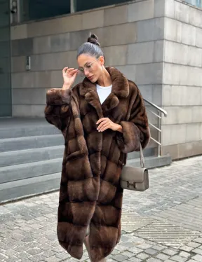 Шуба из меха норки английский воротник - цвет соболь