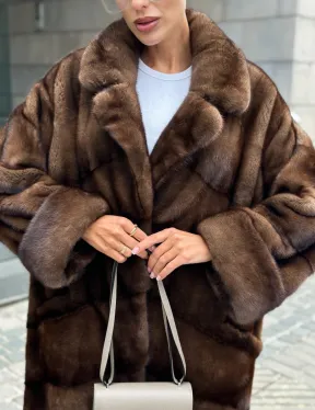 Шуба из меха норки английский воротник - цвет соболь