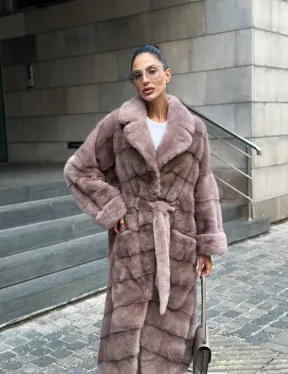 Шуба из меха норки с английским воротником - цвет пыльная роза