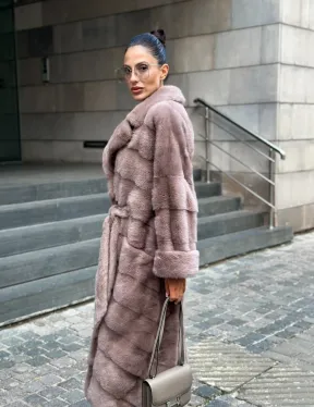 Шуба из меха норки с английским воротником - цвет пыльная роза